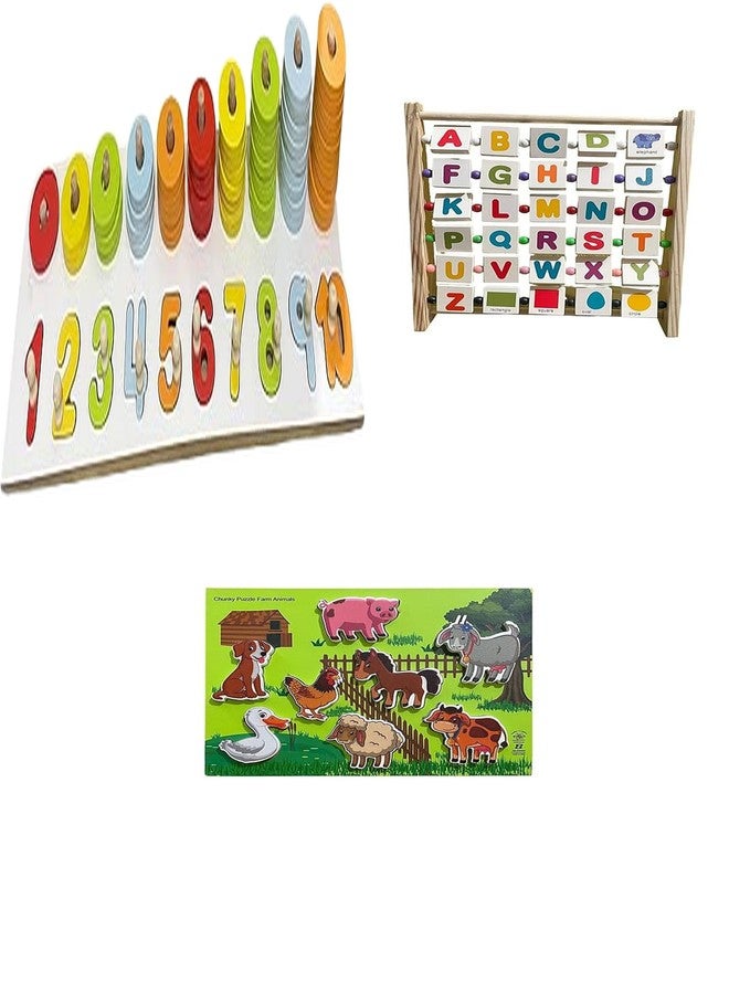 Kinder Creative Peg Number Ring Counting Set,Alphabet Abacus Learning Toy,Chunky Stacking Farm Animals Puzzle, Educational Puzzle and Toys for Kids Pack of 3 - Image 1